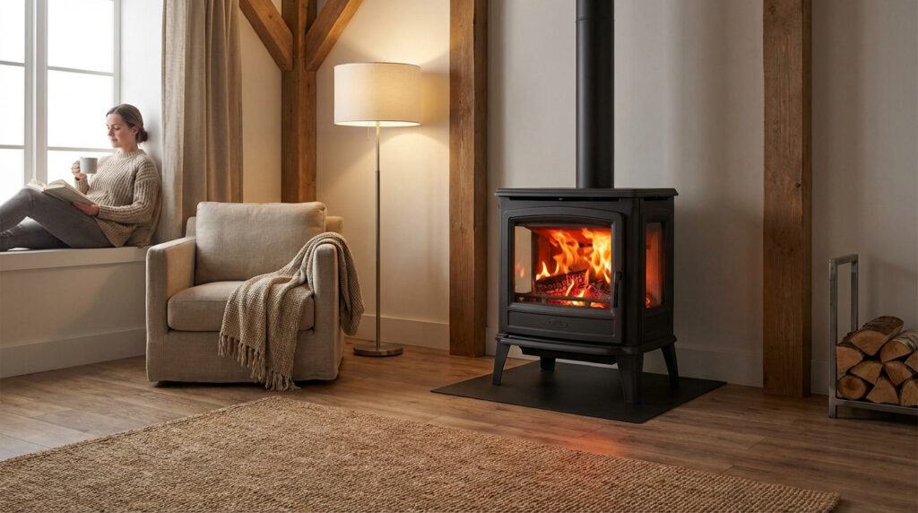 Femme lit près d'un poêle à bois en fonte allumé dans un salon cosy. Ambiance chaleureuse avec lumière douce et bois.