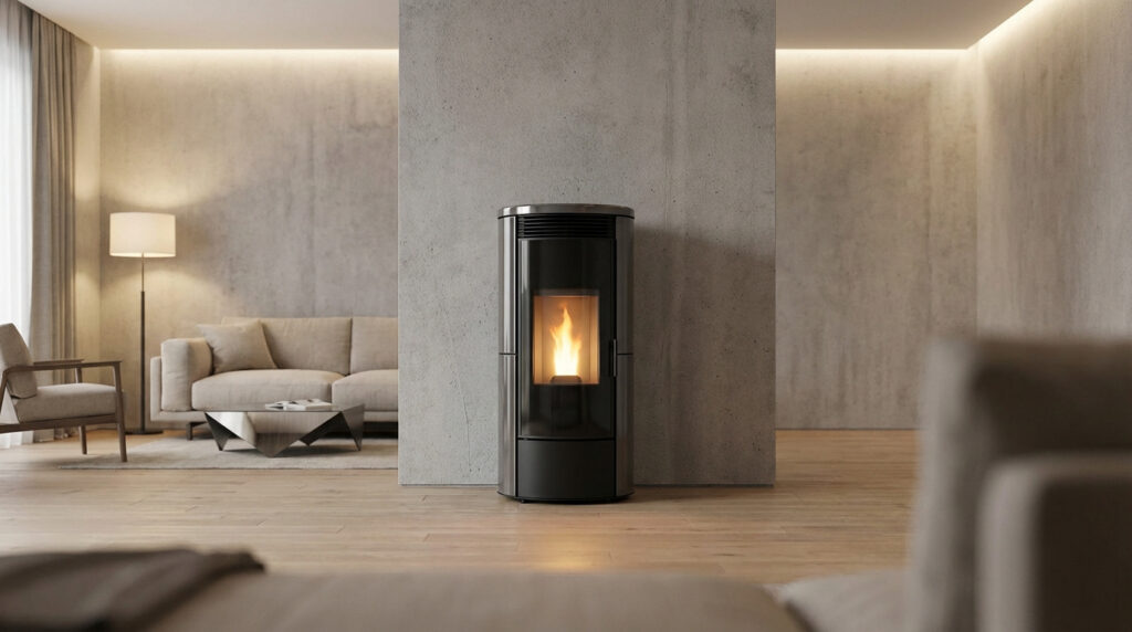 Poêle à granulés CMG noir avec flamme visible dans un salon moderne aux murs gris texturés, canapé beige, lampe et plancher bois.