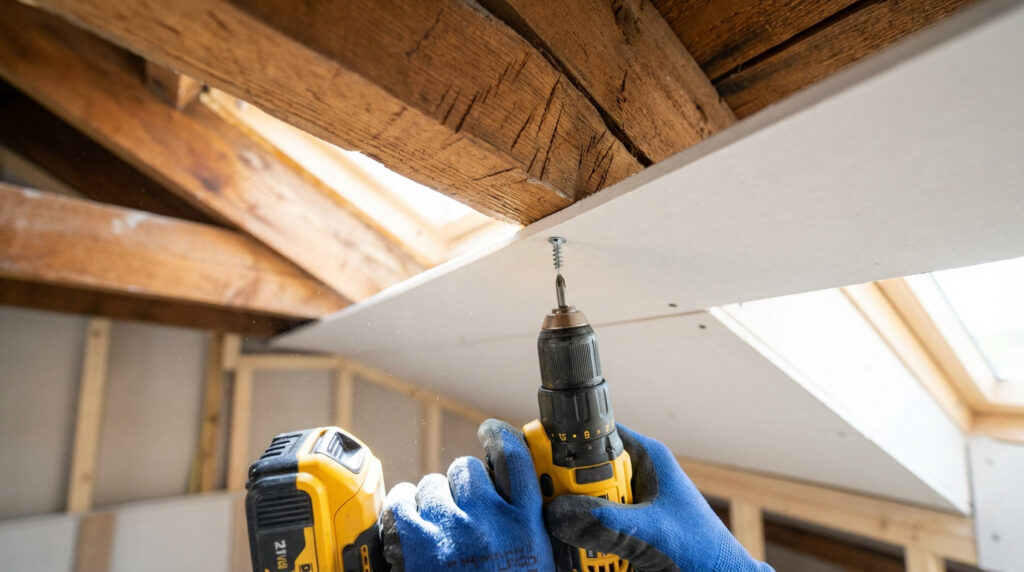 Mains gantées bleues utilisant une visseuse pour fixer une plaque de plâtre (placo) à une poutre en bois, avec poussière visible.