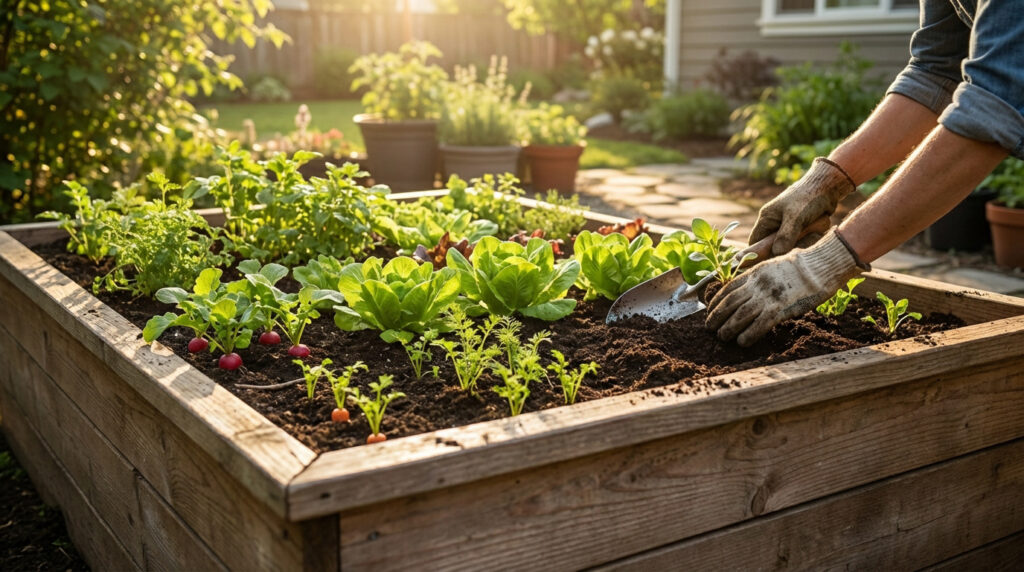 Personne aux mains gantées plantant des jeunes pousses dans un carré potager en bois rempli de salades, radis et carottes, sous le soleil.