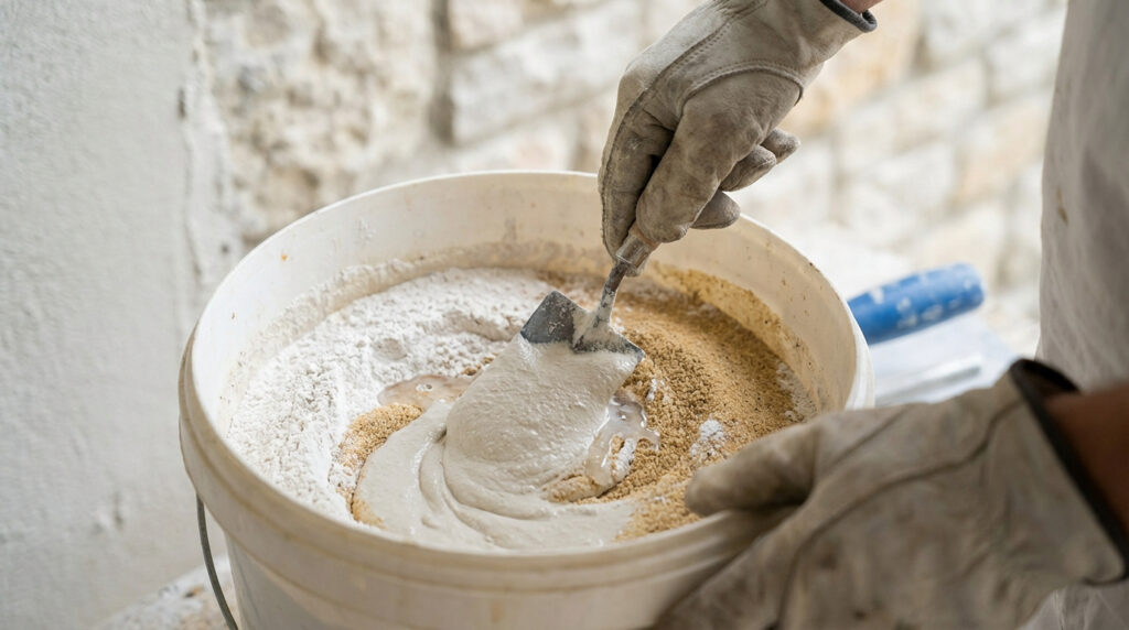 Mains gantées mélangeant chaux, ciment et sable avec de l'eau dans un seau pour préparer du mortier. Une truelle est utilisée.