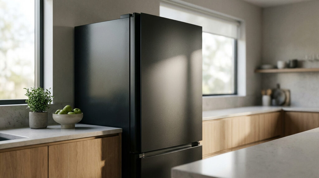 Réfrigérateur moderne noir mat avec congélateur inférieur, intégré dans une cuisine lumineuse et minimaliste avec plantes et fruits.
