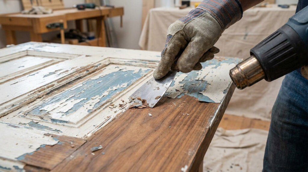 Personne gantée décapant de la vieille peinture écaillée d'une porte en bois avec un décapeur thermique et une spatule.