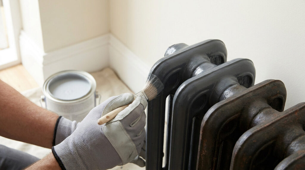 Vue rapprochée d'une personne gantée peignant un ancien radiateur en fonte avec de la peinture grise foncée. Un pot de peinture est visible.