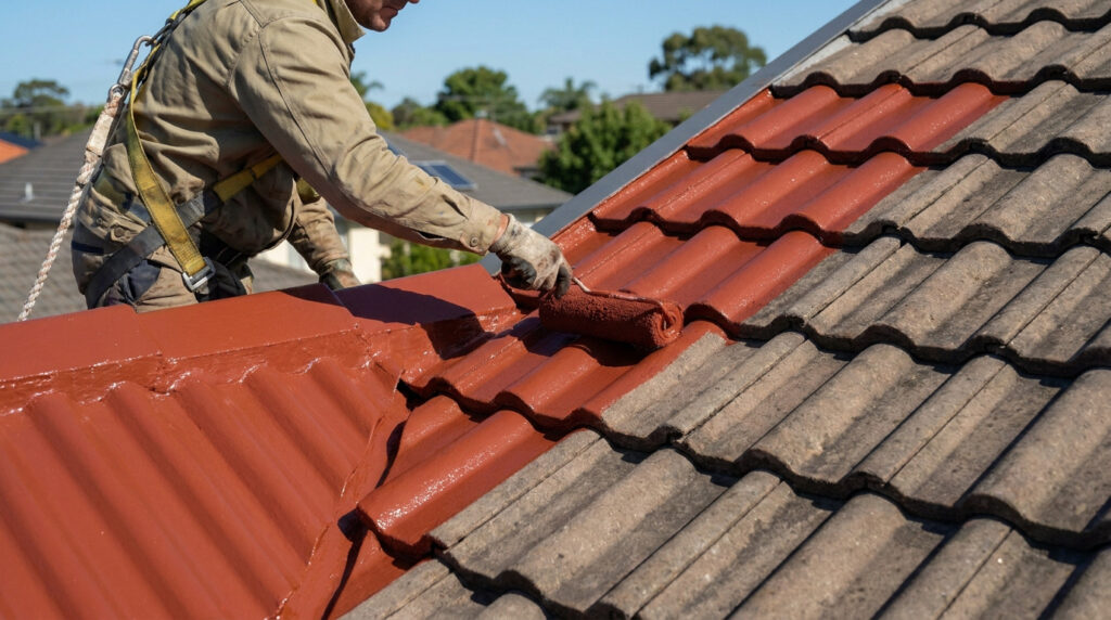 Ouvrier en harnais de sécurité peignant des tuiles de toit en rouge. La moitié du toit est rénovée, l'autre ancienne et grise.