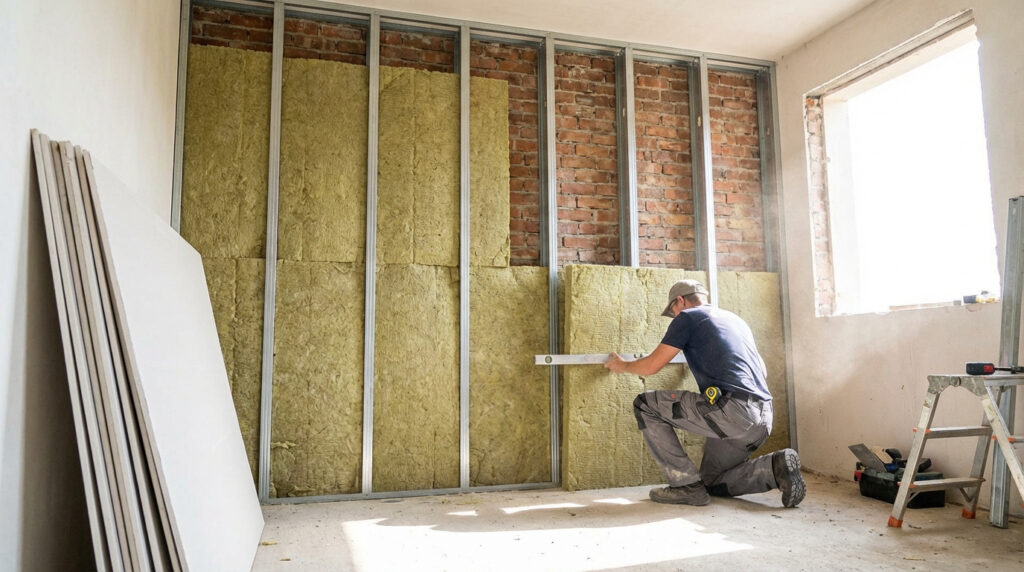 Un homme pose de l'isolant thermique dans une ossature métallique pour mur. Des plaques de plâtre attendent d'être installées.