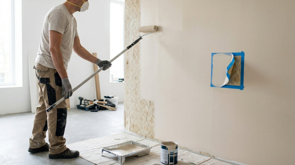 Homme masqué et ganté peignant un mur avec un rouleau, recouvrant un ancien papier peint. Une sous-couche claire est appliquée.