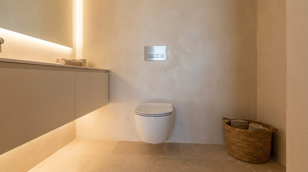 WC suspendu moderne avec plaque de chasse murale, meuble flottant éclairé, miroir rétroéclairé et panier.