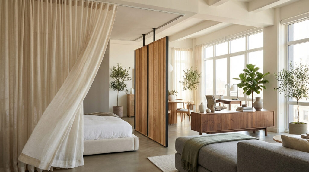 Intérieur moderne avec chambre et bureau séparés par un rideau beige et un panneau en bois flottant, éclairé par de grandes fenêtres.