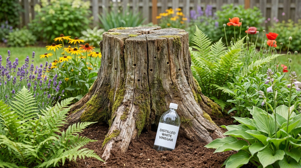 Une vieille souche d'arbre percée de trous, avec une bouteille de vinaigre blanc à sa base, au milieu d'un jardin fleuri.