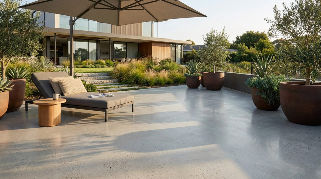 Une terrasse en béton moderne et spacieuse avec un transat, un parasol, des plantes en pot et une maison contemporaine en arrière-plan.