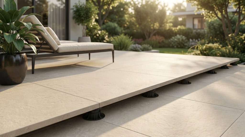 Terrasse moderne en carrelage beige posé sur plots noirs, avec chaise longue, plante et jardin luxuriant au soleil.