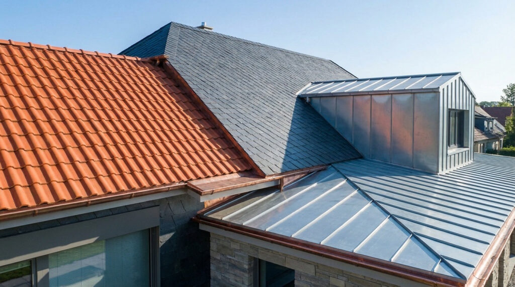 Vue aérienne d'une toiture moderne combinant tuiles rouges, ardoises grises et un toit en zinc avec lucarne.