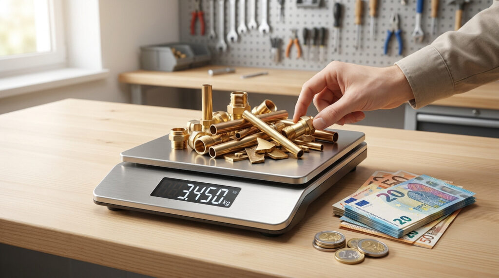 Une main place des raccords en laiton sur une balance numérique affichant 3,450 kg à côté de billets en euros.