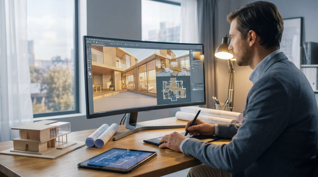 Un architecte utilise une tablette graphique pour concevoir un projet de maison moderne sur un écran ultra-large.