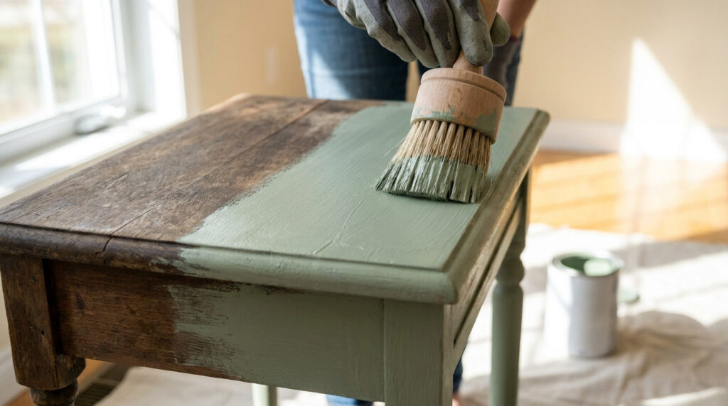 Une personne utilisant une brosse ronde pour peindre une table en bois en vert sauge.