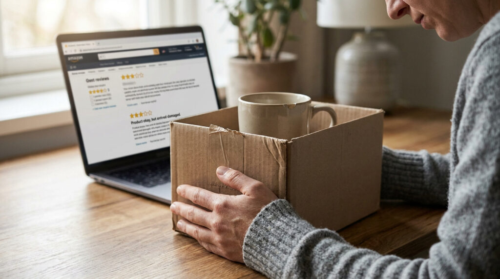Une personne tient un colis en carton avec une tasse endommagée devant un ordinateur affichant des avis clients.