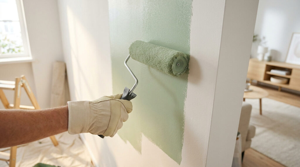 Une main gantée utilisant un rouleau pour peindre un mur en vert sauge dans un intérieur lumineux.