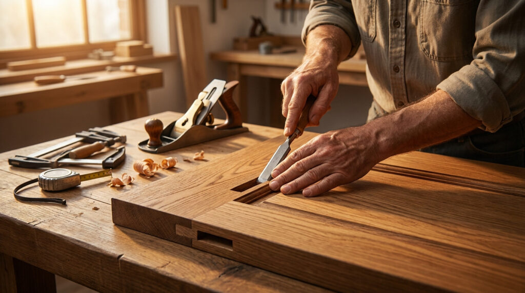 Artisan travaillant le bois avec un ciseau à bois sur un établi dans un atelier lumineux.