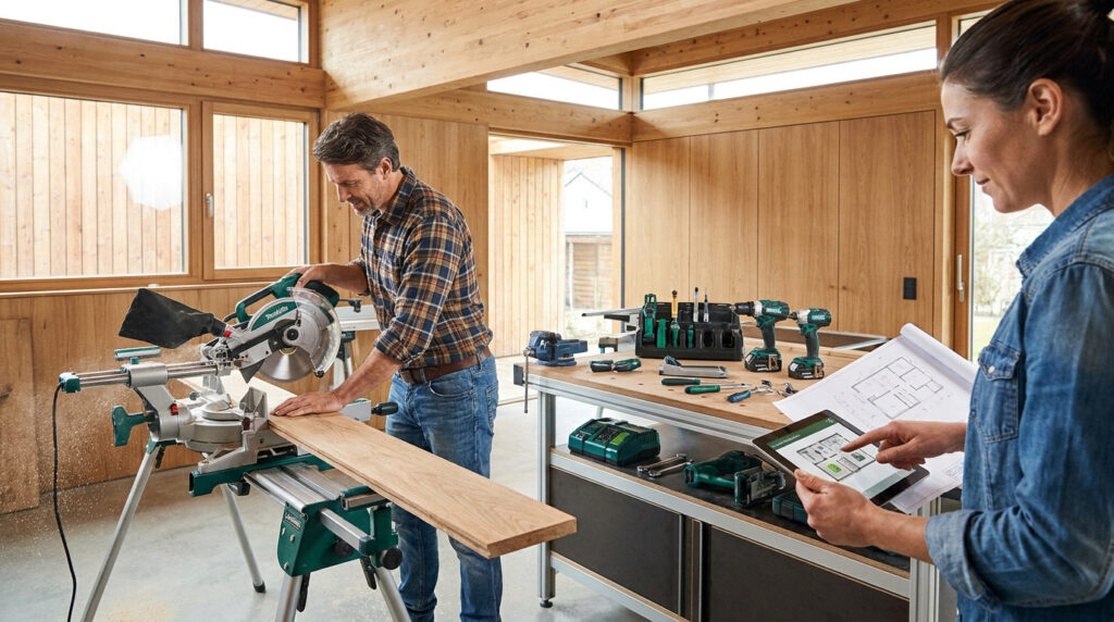 Un homme utilise une scie à onglet dans un atelier tandis qu'une femme consulte des plans sur une tablette numérique.
