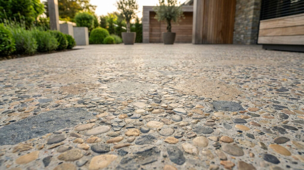 Gros plan sur un sol en béton désactivé texturé avec des galets apparents, devant une terrasse contemporaine.