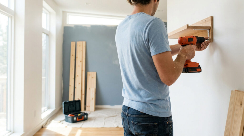 Un homme utilise une perceuse sans fil pour fixer une étagère en bois au mur lors d'un atelier de bricolage.
