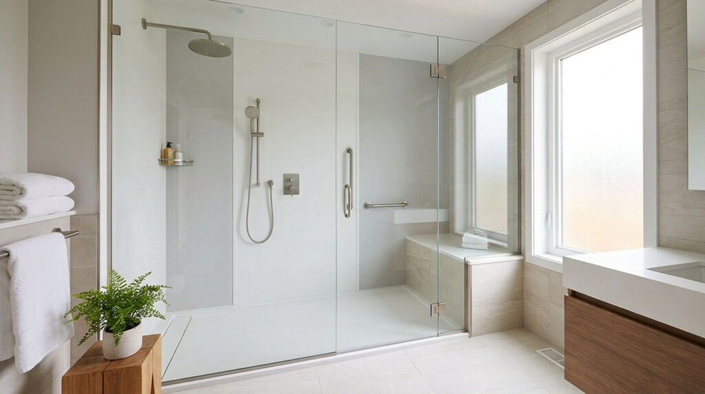 Douche moderne et sécurisée avec parois vitrées, siège intégré, barres de maintien et pommeau de douche chromé.
