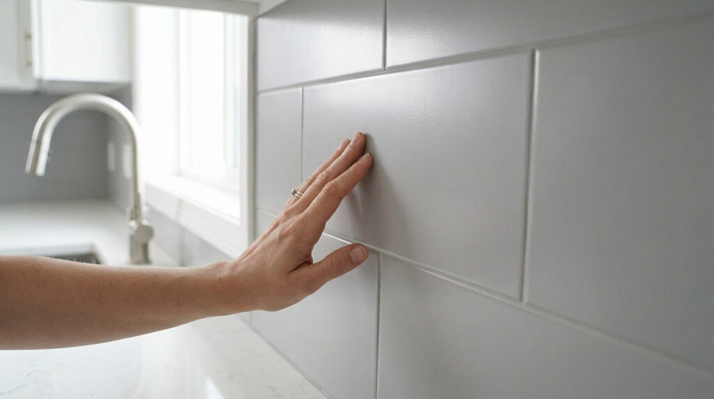 Une main touche un carrelage mural de cuisine gris fraîchement repeint avec une finition lisse.