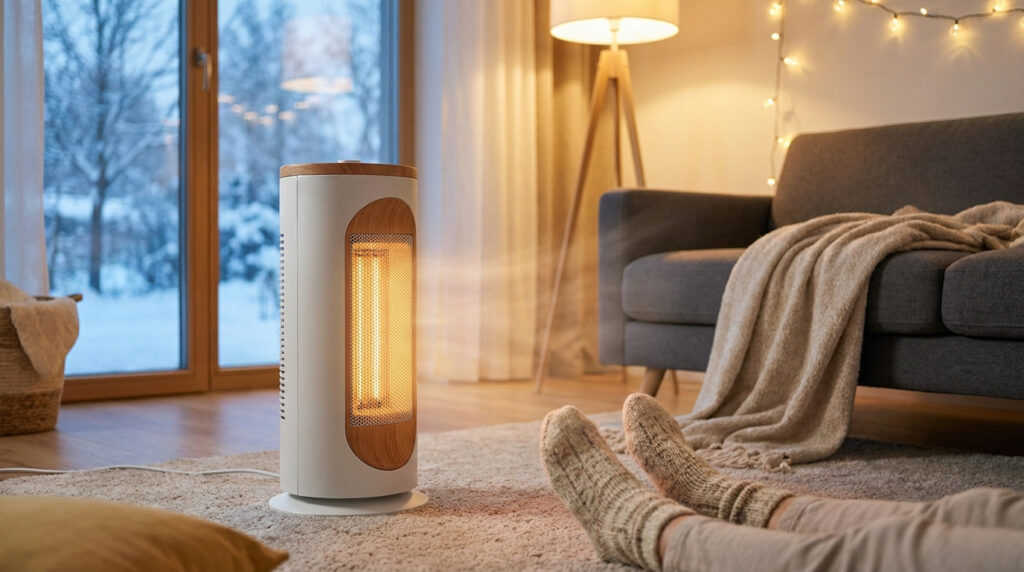 Un chauffage d'appoint design au style suédois réchauffe un salon confortable face à une fenêtre enneigée.