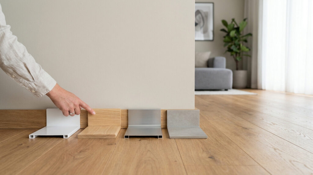 Une main compare différents échantillons de plinthes (blanc, bois, métal, béton) contre un mur dans un salon moderne.