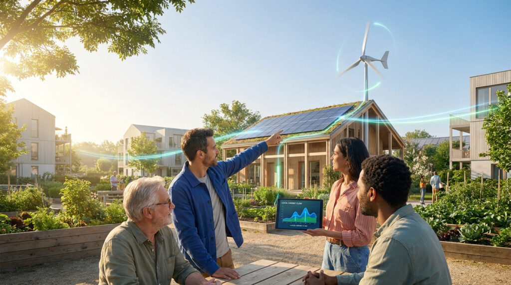 Un groupe de personnes utilise une tablette pour surveiller la production d'énergie solaire et éolienne d'un habitat.
