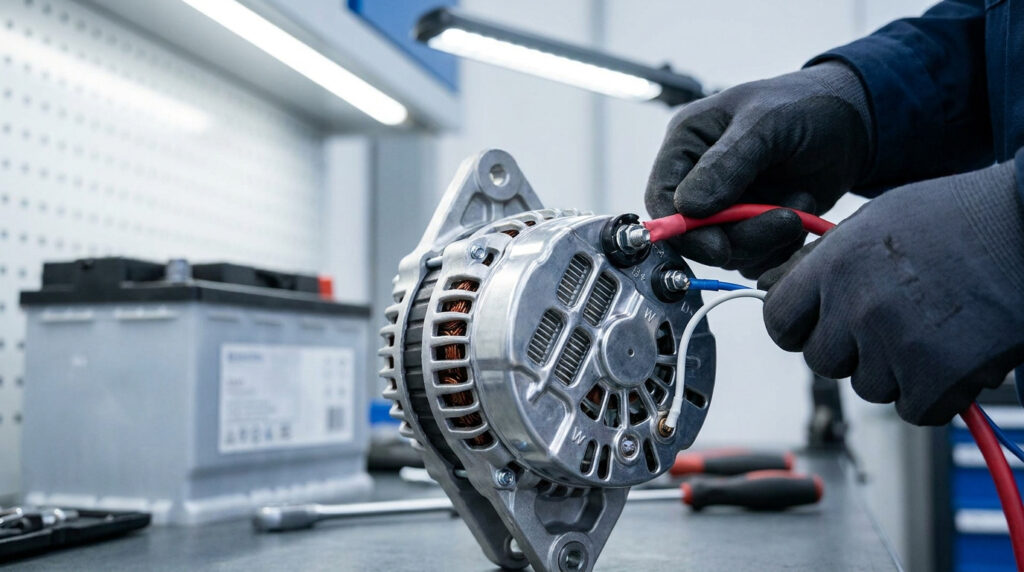 Un mécanicien portant des gants connecte les câbles électriques sur un alternateur automobile dans un atelier.