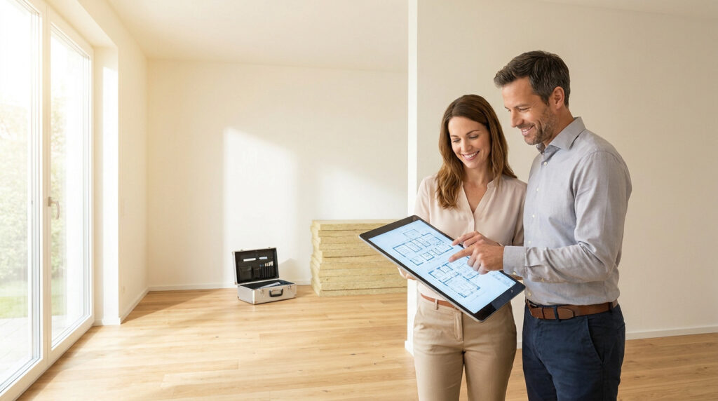 Un couple souriant examine le plan de sa future rénovation sur une tablette numérique dans une pièce vide.