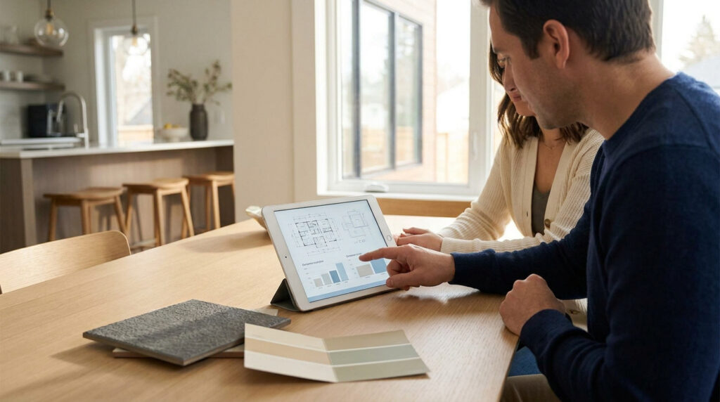Un couple consulte des plans de maison et des graphiques sur une tablette numérique autour d'une table en bois.