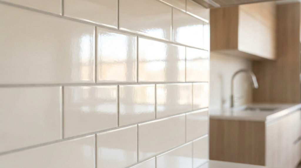 Gros plan sur une crédence de cuisine composée de carreaux rectangulaires blancs brillants dans une cuisine moderne.