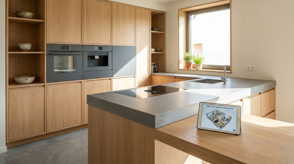 Cuisine design avec meubles en bois, plan de travail gris et tablette affichant un plan 3D de cuisine.