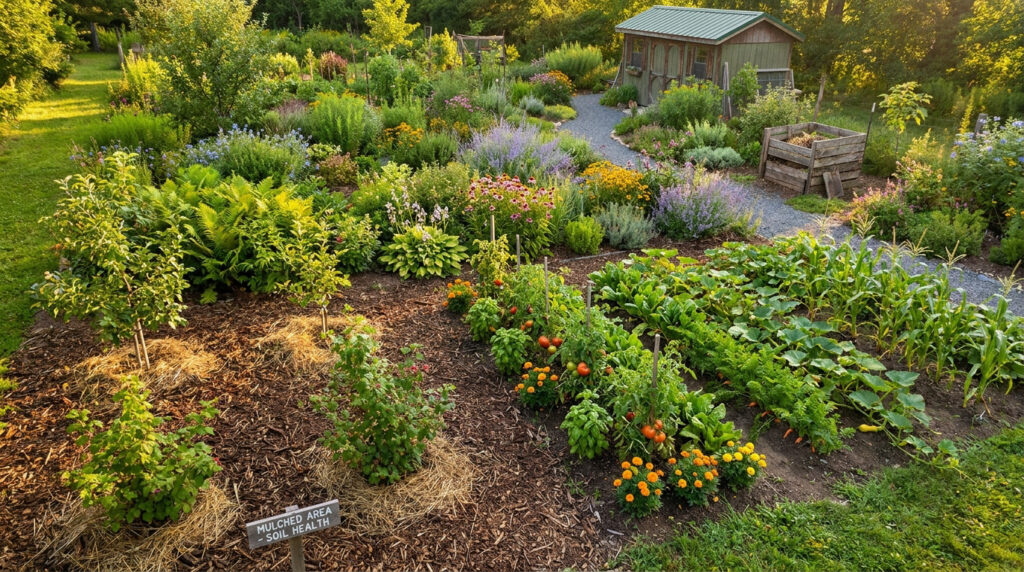 Un jardin potager luxuriant avec des légumes, des fleurs et une zone paillée pour la santé du sol au coucher du soleil.