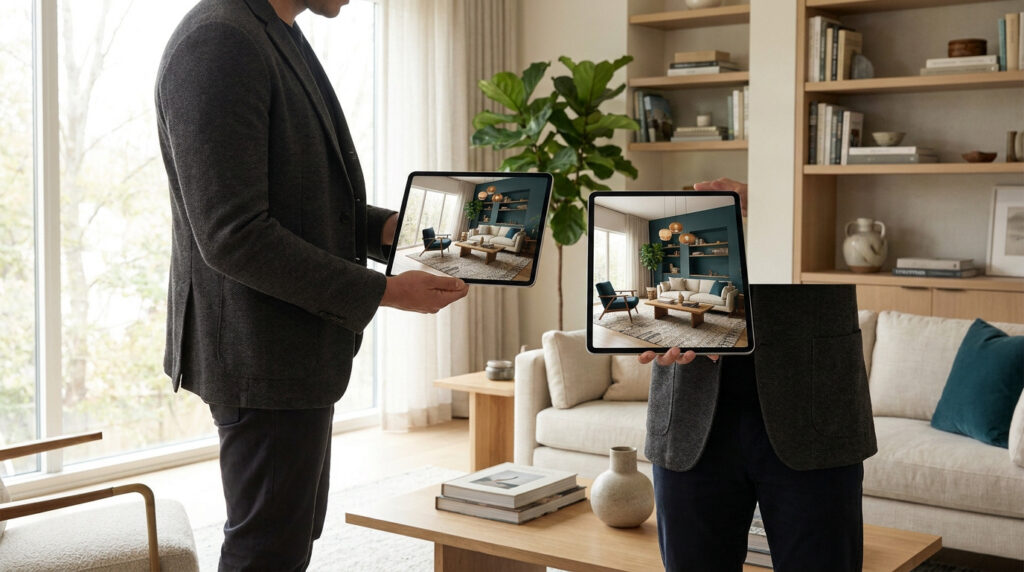 Un designer présente un projet de décoration d'intérieur via deux tablettes numériques dans un salon élégant.