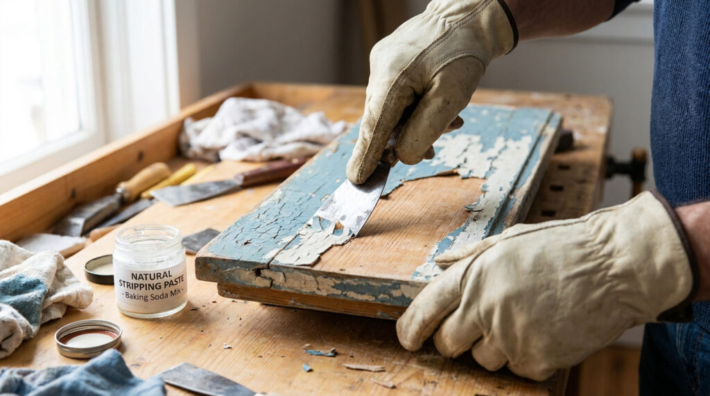 Gros plan sur des mains gantées grattant la vieille peinture d'une planche en bois avec une spatule.