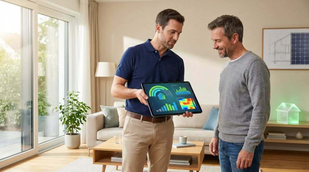 Un expert montre une tablette avec des graphiques de performance énergétique à un client dans un salon moderne.