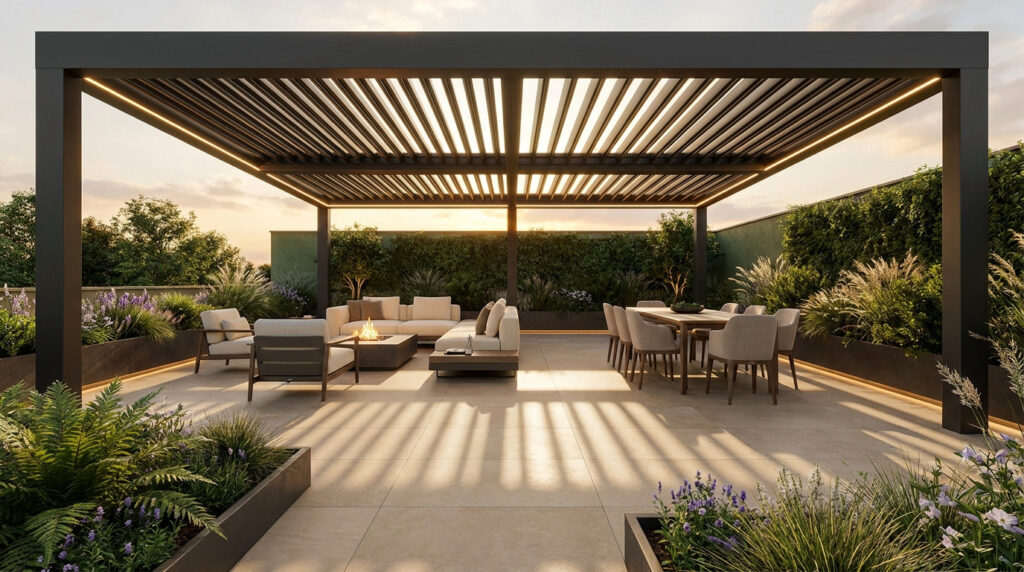Terrasse luxueuse avec pergola à lames, salon de jardin et coin repas, entourée de végétation au coucher du soleil.