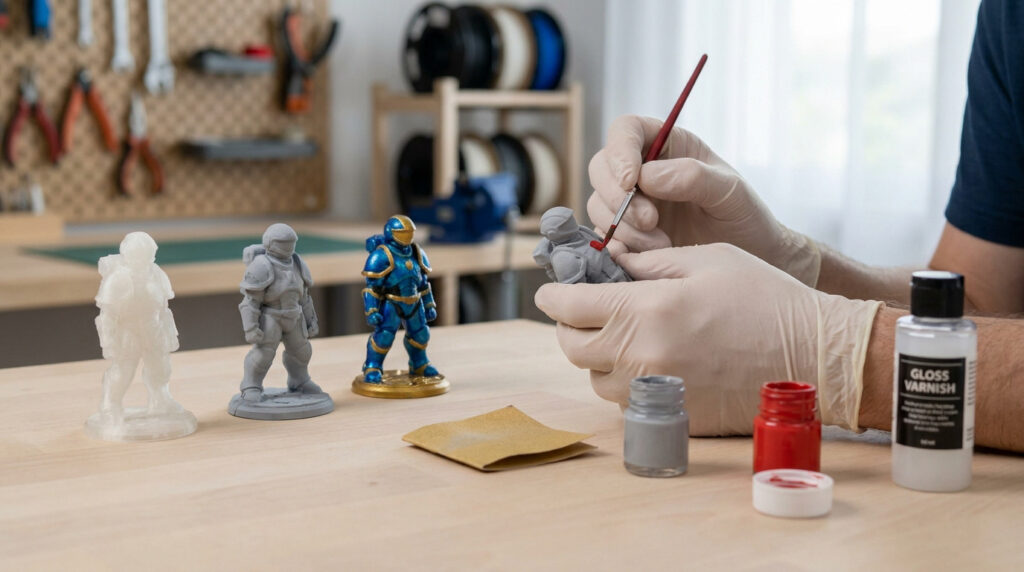 Mains avec gants peignant une figurine 3D avec d'autres modèles en arrière-plan sur une table d'atelier.