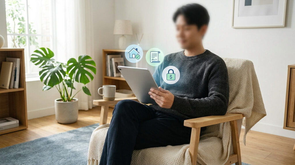 Un homme utilise une tablette dans un salon confortable, entouré d'icônes numériques représentant la gestion immobilière.