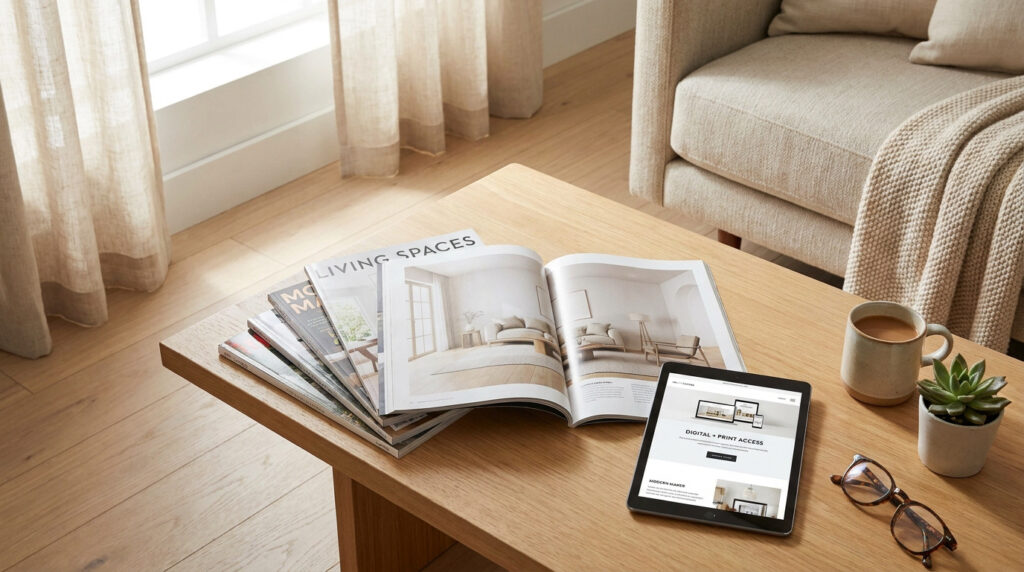 Magazines de décoration et tablette sur une table basse en bois dans un salon lumineux.