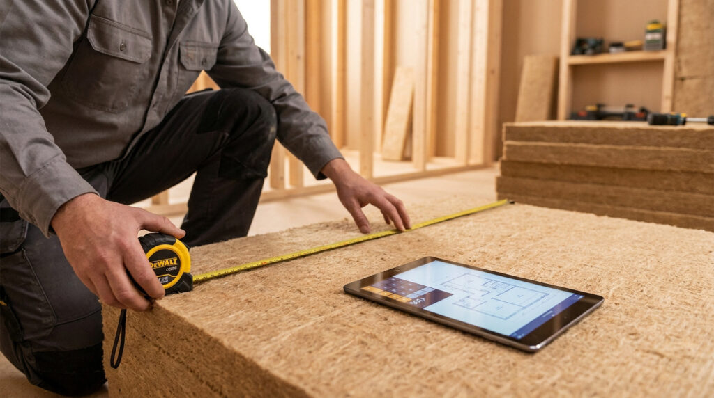 Un artisan mesure un panneau d'isolant en fibre de bois avec un mètre ruban, une tablette affichant un plan à proximité.