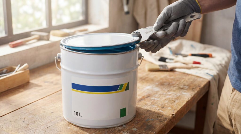 Une personne utilisant un outil multi-usage pour ouvrir délicatement le couvercle d'un pot de peinture blanc de 10 litres.
