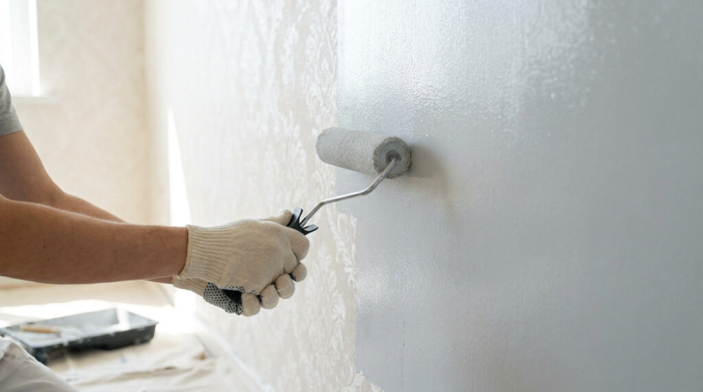 Une personne portant des gants de protection peint un mur avec du papier peint texturé en gris clair à l'aide d'un rouleau.