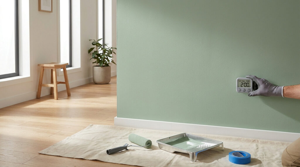 Une main gantée tient un minuteur contre un mur peint en vert sauge pour mesurer le temps de séchage entre deux couches.
