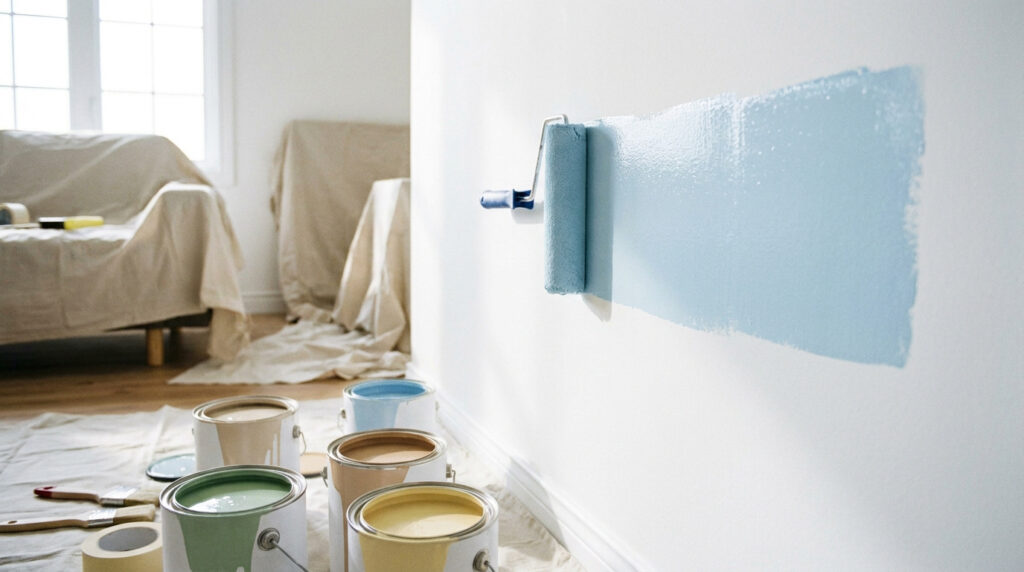 Rouleau de peinture bleu appliquant de la peinture sur un mur blanc, avec des pots de peinture au sol.