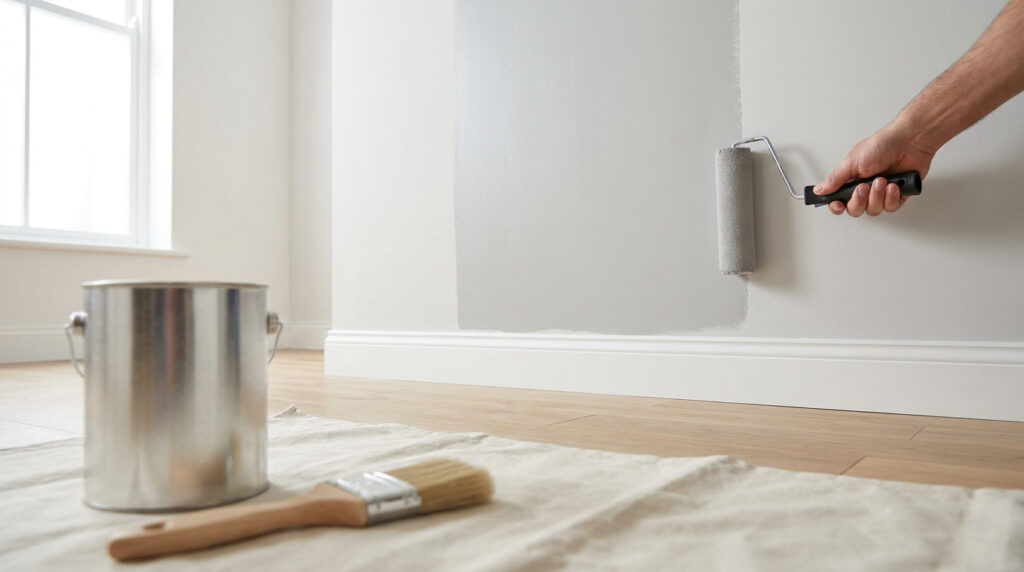 Une main utilisant un rouleau pour appliquer de la peinture grise sur un mur blanc dans une pièce lumineuse.